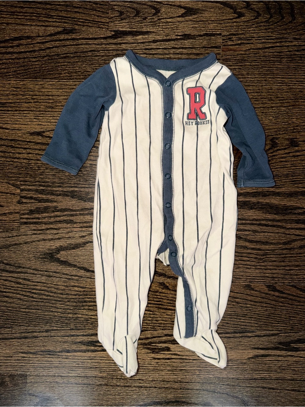 Striped Navy & White Footed Baby One-Piece with 'R' Patch
